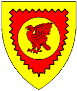 Jarl Timoch, Gules, on a roundel Or, a hawk rising, wings elevated and addorsed gules within a bordure indented Or.