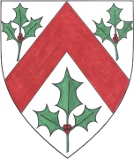 Alyna of the Ilex, Argent, a chevron enhanced gules between three holly sprigs vert fructed gules.