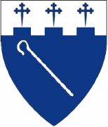 Brian Crawford, Azure, a shepherd's crook bendwise and on a chief embattled argent three crosses crosslet fitchy azure.