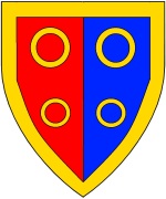 Lord Stefan Franz, Per pale gules and azure, four annulets two and two within a bordure Or.