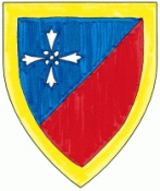 Mariana Francisco, Per bend sinister azure and gules, in canton a cross of four ermine spots argent, a bordure Or.